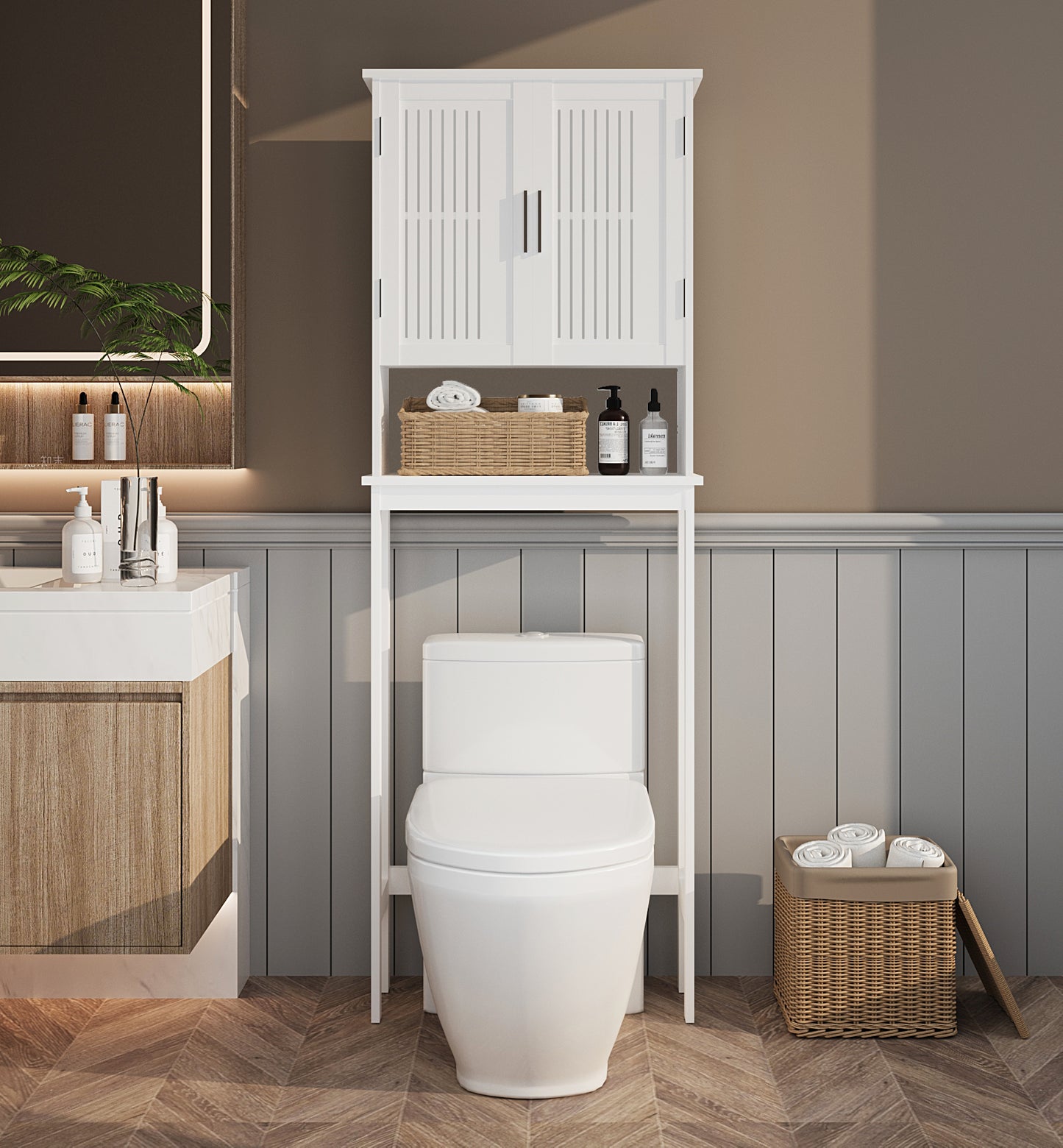 Biuhony Bathroom Cabinet Over Toilet,Storage Cabinet with Double Door and Adjustable Shelves, White