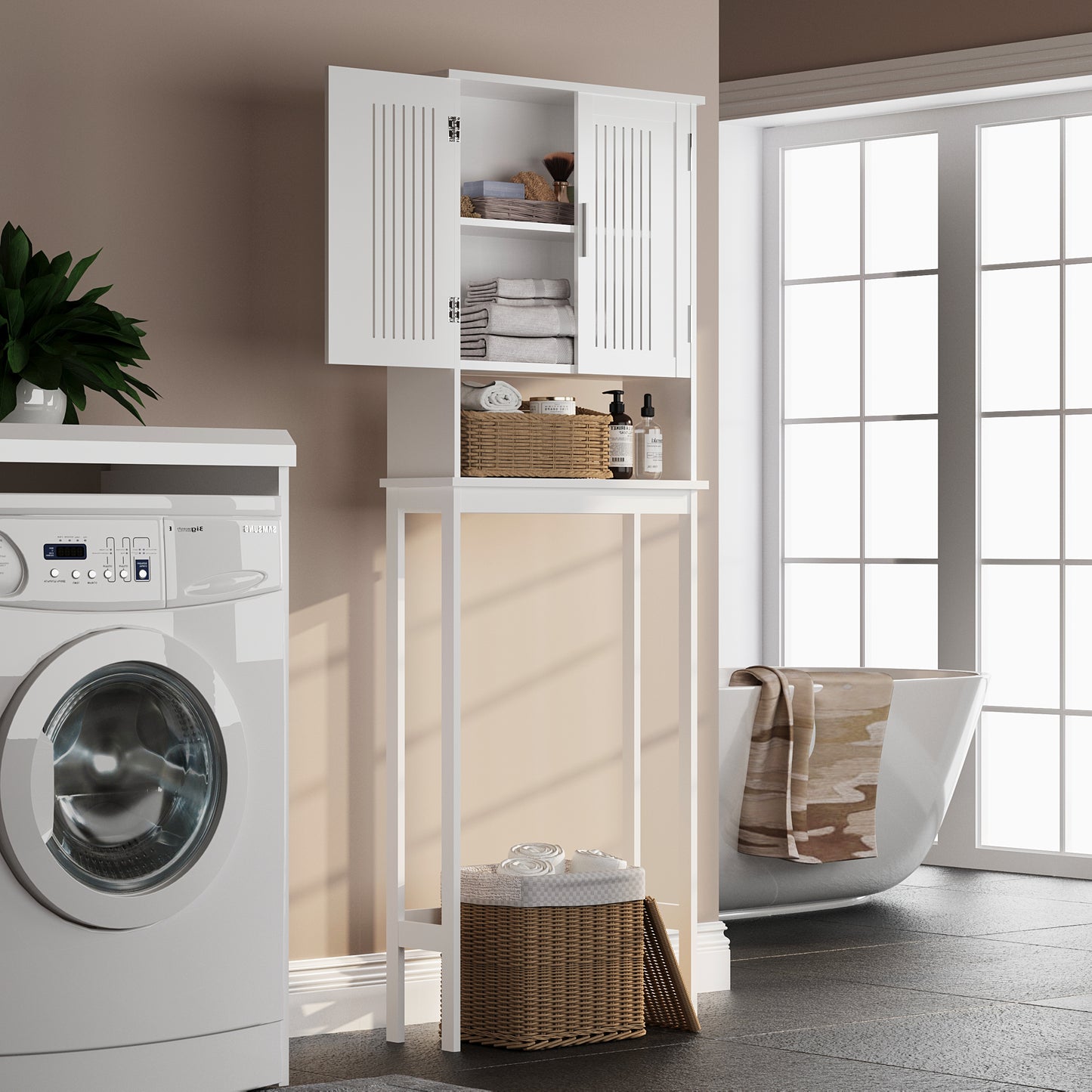 Biuhony Bathroom Cabinet Over Toilet,Storage Cabinet with Double Door and Adjustable Shelves, White
