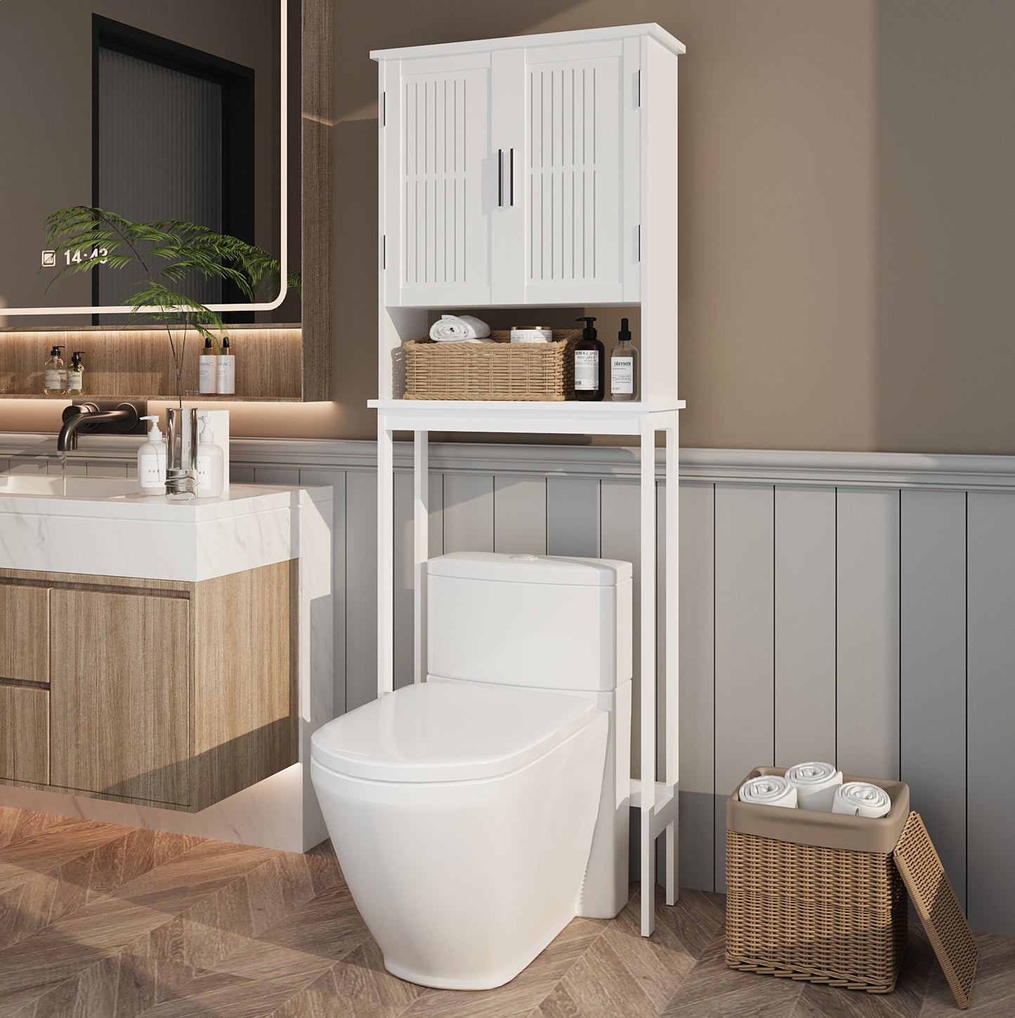 Biuhony Bathroom Cabinet Over Toilet,Storage Cabinet with Double Door and Adjustable Shelves, White