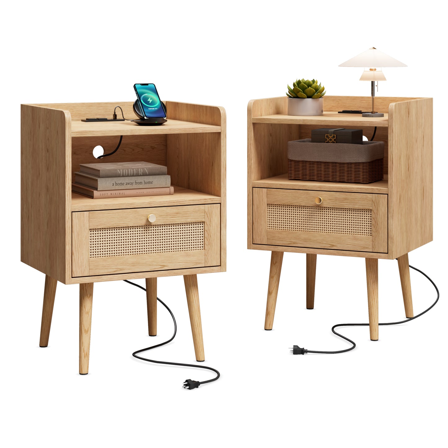 Biuhony Rattan Nightstand with Solid Wood Legs,Bedside Tables Rattan Drawers with Charging Station for Bedroom and Living Room, Set of 2