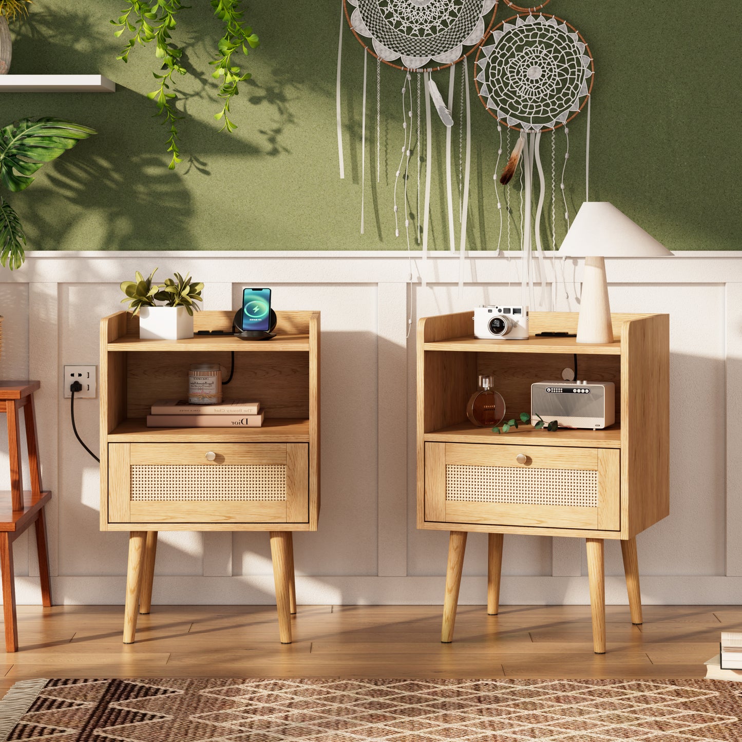 Biuhony Rattan Nightstand with Solid Wood Legs,Bedside Tables Rattan Drawers with Charging Station for Bedroom and Living Room, Set of 2
