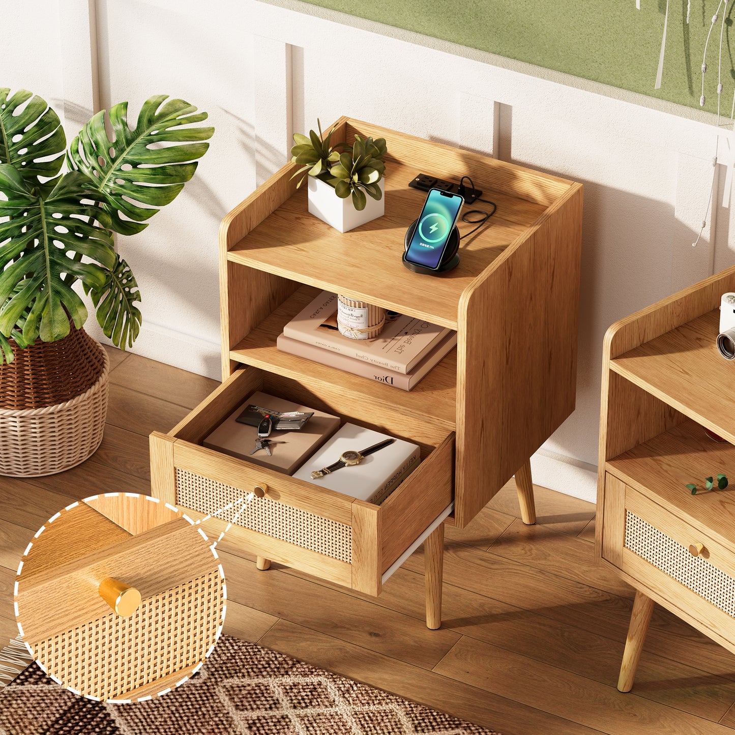 Biuhony Rattan Nightstand with Solid Wood Legs,Bedside Tables Rattan Drawers with Charging Station for Bedroom and Living Room, Set of 2