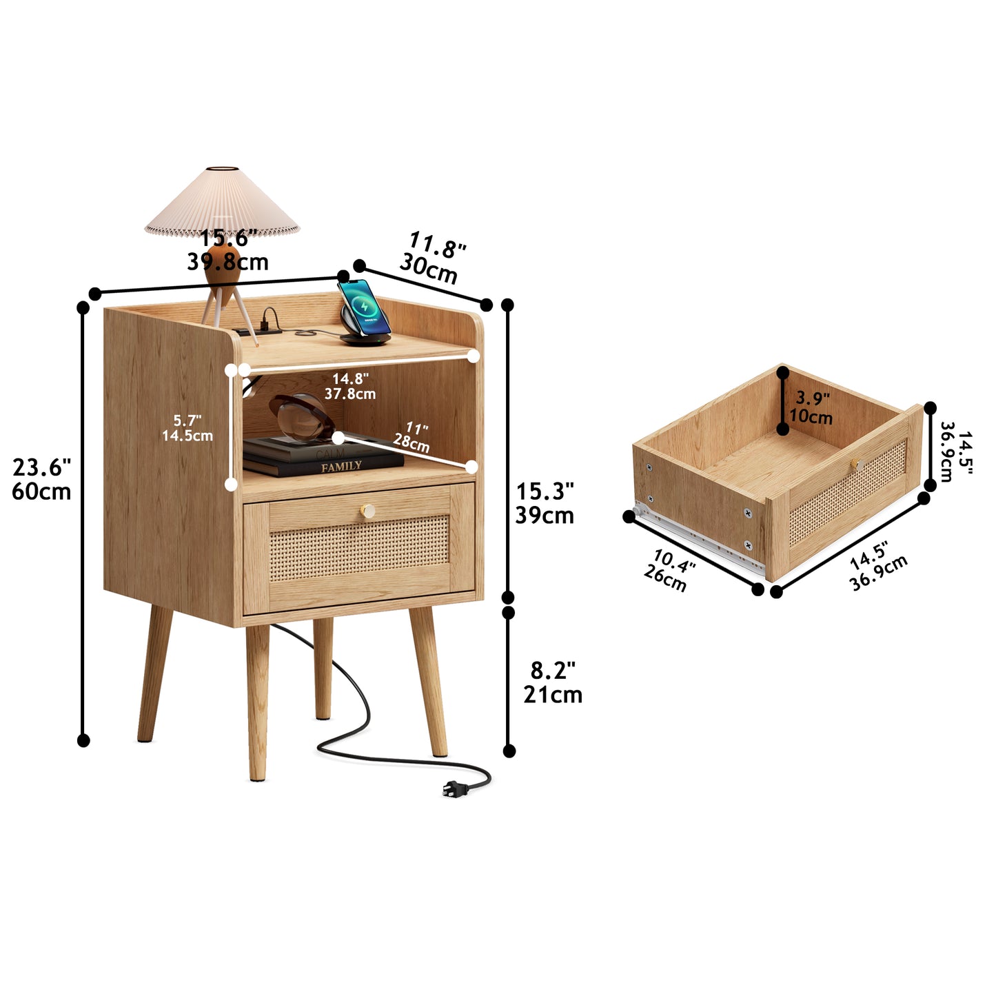 Biuhony Rattan Nightstand with Solid Wood Legs,Bedside Tables Rattan Drawers with Charging Station for Bedroom and Living Room, Set of 2