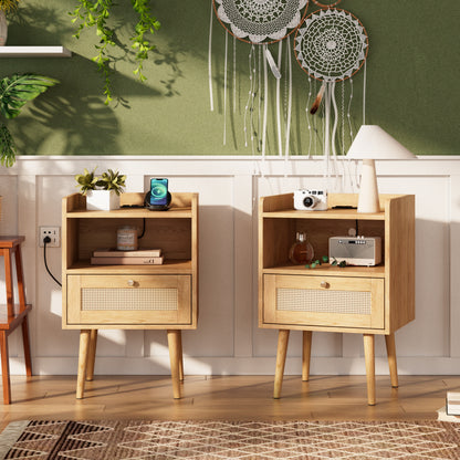 Biuhony Rattan Nightstand with Solid Wood Legs,Bedside Tables Rattan Drawers with Charging Station for Bedroom and Living Room, Set of 2